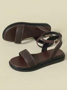 Sandalias de mujer con hebilla y correa, suela gruesa, tacón bajo, color block fresco, estilo bohemio vintage de vacaciones, estampado aleatorio, punta abierta, tacón plano cómodo, nuevas de verano 2026, cuña baja sin fatiga, moda para exterior y playa, estilo sand girl, versátiles, alargan la pierna, con correa trasera, calado, patchwork floral, transpirables, elegantes y gráciles, combinan con faldas, casuales y deportivas, sandalias romanas con correa, talla 33 pequeña, talla 34 pequeña, zapatos de mujer talla grande 41-43 - Café integral - Ver 3