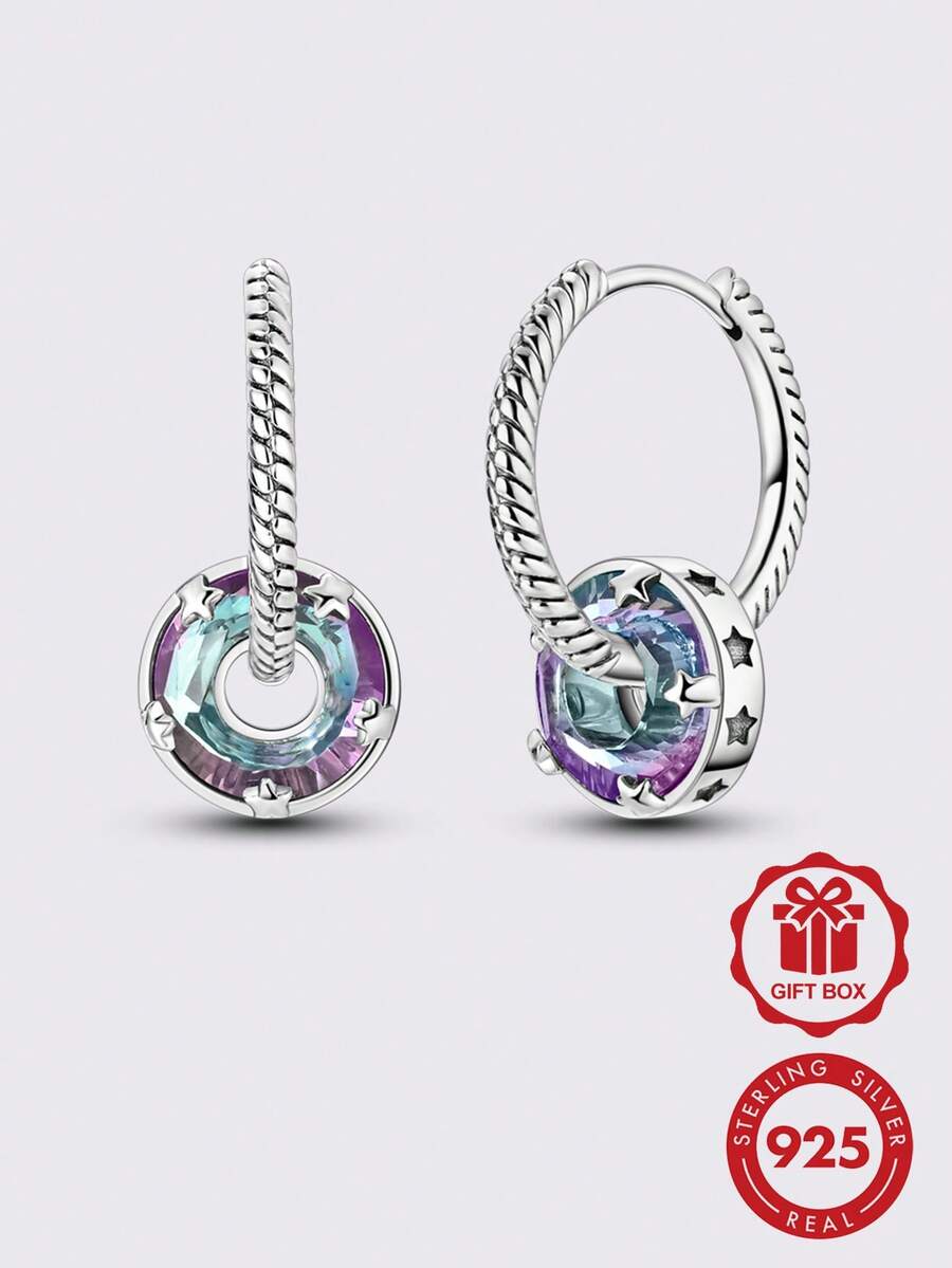 925纯银彩色水晶星星耳环，玻璃星星吊坠耳环，适合女性佩戴，可作为婚礼、订婚、女友生日礼物