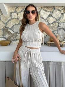 Women's Fitted Tank Top With Contrast Stitching Cropped Top And Wide Leg Pants 2 Pieces Set - Apricot - View 4