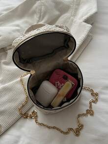 Gentle Floral Embroidery Lace Mini Box Bag, Handheld Double Zipper Gold Chain Crossbody Makeup Pouch - White - View 10