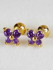 2pcs Stainless Steel 12 Zodiac Birthstone Tiny 18K Gold Plated Earrings, Cubic Zirconia Butterfly Inlaid, Suitable For Party & Wedding Wear - Butterfly - View 6