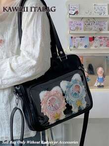 Japanese Style Cute PU Leather Transparent Pocket Bow Lolita Shoulder Bag Handbag For Girls, Street & Japanese Style, Kawaii - Black - View 2