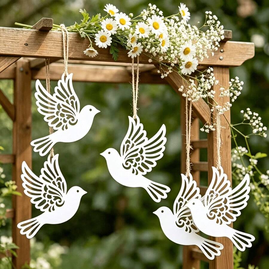 6pcs Laser Cut White Paper Dove Hanging Decorations, Suitable For Home Decor, Yard Decor, Hanging Ornaments - Rustic Bird-Shaped Hollow Hanging Decor With Jute Rope, Perfect For Spring/Summer Rustic Party Decor, Wedding Decor, Baptism Decor - Multicolor - View 1