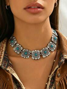 1 pieza Collar corto de mujer con incrustación de turquesa falsa cuadrada de estilo bohemio vintage, adecuado para uso casual y diario - Plata antigua - Ver 2