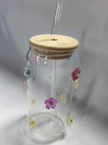Niedlicher Glasbecher mit Blumenmuster, Bambusdeckel & Glasstrohhalm, klarer becherförmiger Eiskaffeebecher für Saft, Cocktail, Getränke und täglichen Gebrauch - Verschiedenfarbig - Übersicht 10