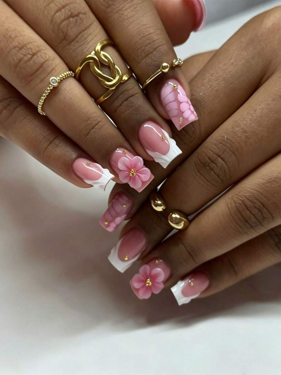 24pcs Rectangular Minimalist Sweet French Style White 3D Embossed Floral Acrylic Press-On Nails, Cute Gel Nail Art Set Including Jelly Glue And Nail File, Suitable For Women's Daily, Date And Party Use - Multicolor - View 1