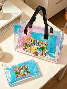 Juego de bolsas de playa de PVC de colores con tema de vida de crucero, con patrón de palmeras de coco, diseño de letras de moda "Cruise Life", bolsa de hombro transparente, bolsa de mano transparente de gran capacidad, bolsa de cosméticos de viaje portátil, bolsa de almacenamiento de artículos de tocador. Adecuada para playa, piscina, vacaciones y uso diario, perfecta para guardar trajes de baño, toallas, cosméticos, etc., ideal para amantes del verano, viajeros y entusiastas de festivales de música - Multicolor - Ver 2