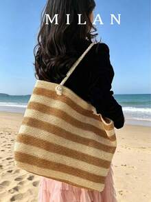 2026 Summer Slouchy Straw Woven Knot Design Beach Tote Bag For Women, 1 Piece, Versatile Large Capacity Storage, Travel Essential - Brown - View 3