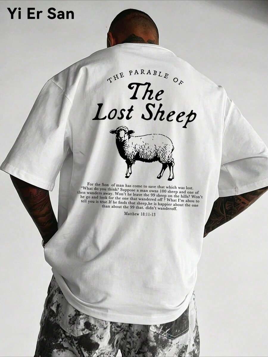 Yi Er San He dejó los noventa y nueve para rescatarme - "La oveja perdida" Mateo 18:11-13 Camisetas gráficas vintage con impresión a doble cara, camiseta de manga corta con cuello redondo 10 - Blanco - Ver 1