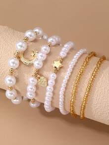 6pcs/Set Girls Moon Star Heart Letter Pearl Seed Bead Bracelet Set Combination Suitable For Daily Decoration - Multicolor - View 2