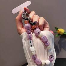 1件手工原創不規則彩色石珠手機鍊吊飾，堅固耐用，女款短款，輕奢小眾精緻高級，戶外健行旅行便攜防丟防摔手腕帶配件，附禮品夾 - 彩色 - 查看 12