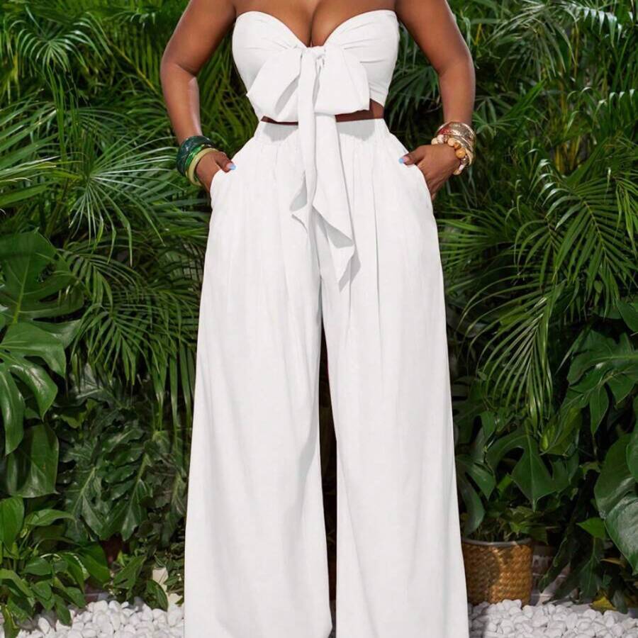 Red Tie Front Bandeau Top And Wide Leg Pants Women Holiday Outfit,Summer Sets - Red - View 1