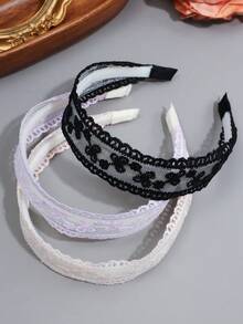 3件組女款多色花卉精緻刺繡蕾絲髮箍，波浪邊設計時尚髮帶 - 彩色 - 查看 4