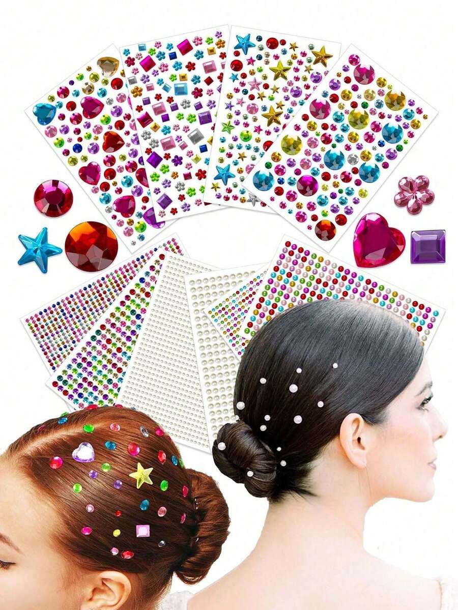 10 Sheets 4100pcs Hair Gem Stickers, Colorful Acrylic Shiny Pearl Rhinestone Self-Adhesive Stickers, Women Girls Holiday Party COS Costume Hair Styling Tools