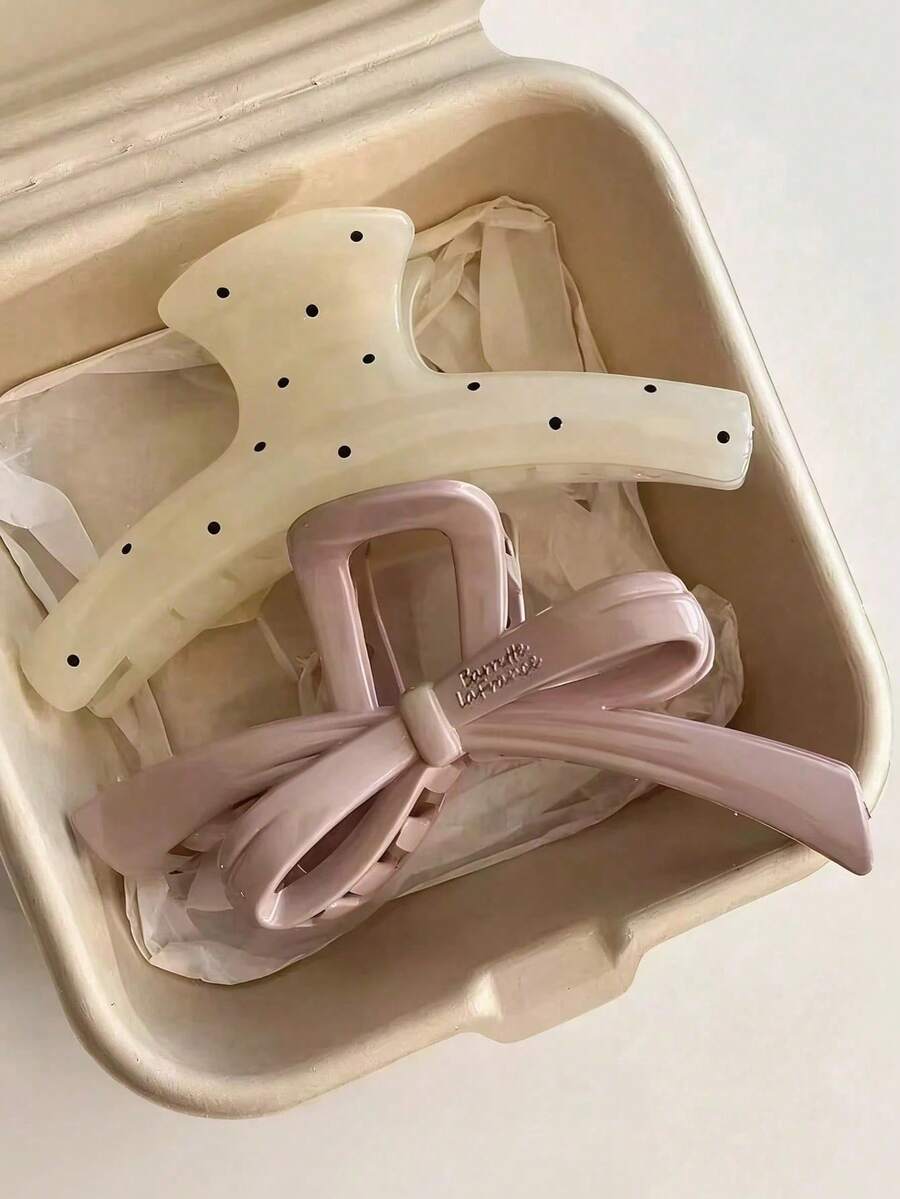 2pcs/1pc 4.48in/11.4cm White Polka Dot & Pink Bow Plastic Hair Clips, Fashion Versatile, Elegant & Minimalist, Solid Color Hair Clips, Suitable For Daily Wear, Casual Occasions, Parties, Commuting, Beach, Updos, Ponytails, Face Washing, Makeup Accessories, Summer Hair Accessories, Beach Hair Clips, Vacation, Travel, Holidays, Birthday Gifts - Regular Model - View 1