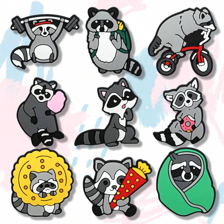9PCS Raccoon Animal Theme Shoe Charms Set, PVC Shoe Decorations, Shoe Accessories Charms, Gift Idea For Birthday Christmas Halloween Party Favors