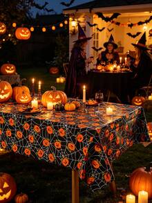 Mantel decorativo de Halloween, con huellas de manos ensangrentadas, telarañas, calabazas, patrones de calaveras, adecuado para decoración de fiestas de miedo, bromas, decoraciones de Halloween, montaje de escenas de Halloween, decoración del hogar de Halloween, decoración de casas embrujadas, creación de atmósfera de eventos de Halloween, suministros decorativos perfectos para Halloween - Talla única - Ver 6