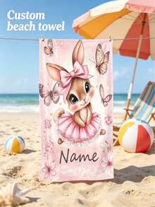 Pink Ballet Bunny Custom Beach Bath Towel, Personalized Name, Super Absorbent Microfiber Quick Dry Sand Resistant Gift - Multicolor - View 1