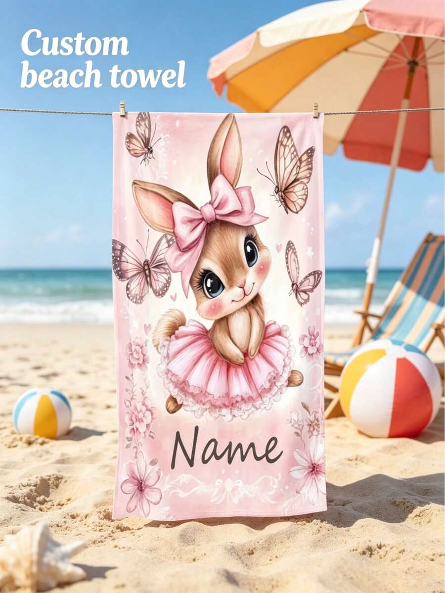 Pink Ballet Bunny Custom Beach Bath Towel, Personalized Name, Super Absorbent Microfiber Quick Dry Sand Resistant Gift - Multicolor - View 1