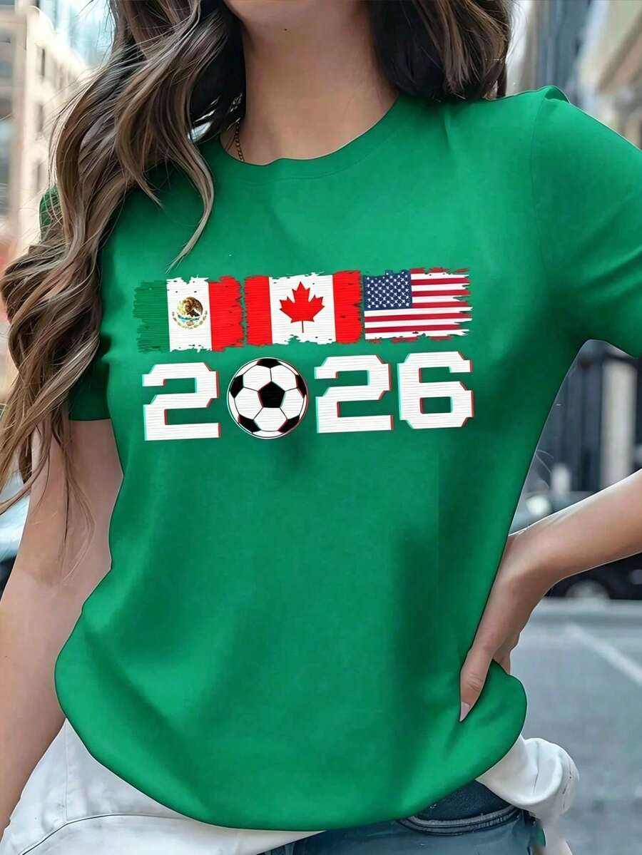 Soft 's T-Shirt Mexico Canada USA 2026 With Flags And Ball, Aesthetic Venues Short Sleeve Shirt, Modern Fan Top United 2026 - 綠色 - 查看 1