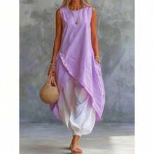 2026 New Solid Color Sleeveless Loose Pocket Middle Skirt Set Solid Color Set - Purple - View 2