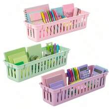 1/6Pcs 25.5*7.5*6cm Morandi Solid Color Plastic Storage Basket, Open Rectangular Desktop Stationery Pen Holder Organizer, Durable Tidy Caddy For Homeschool, Classroom & Office, Great Back To School Gift For Teachers And Students. School Supplies - Multicolor - View 2