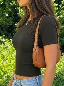 Solid Ribbed Crew Neck Short Sleeve Crop Tee, Slim Fit Basic Casual T-Shirt For Daily Summer Wear - Black - View 5