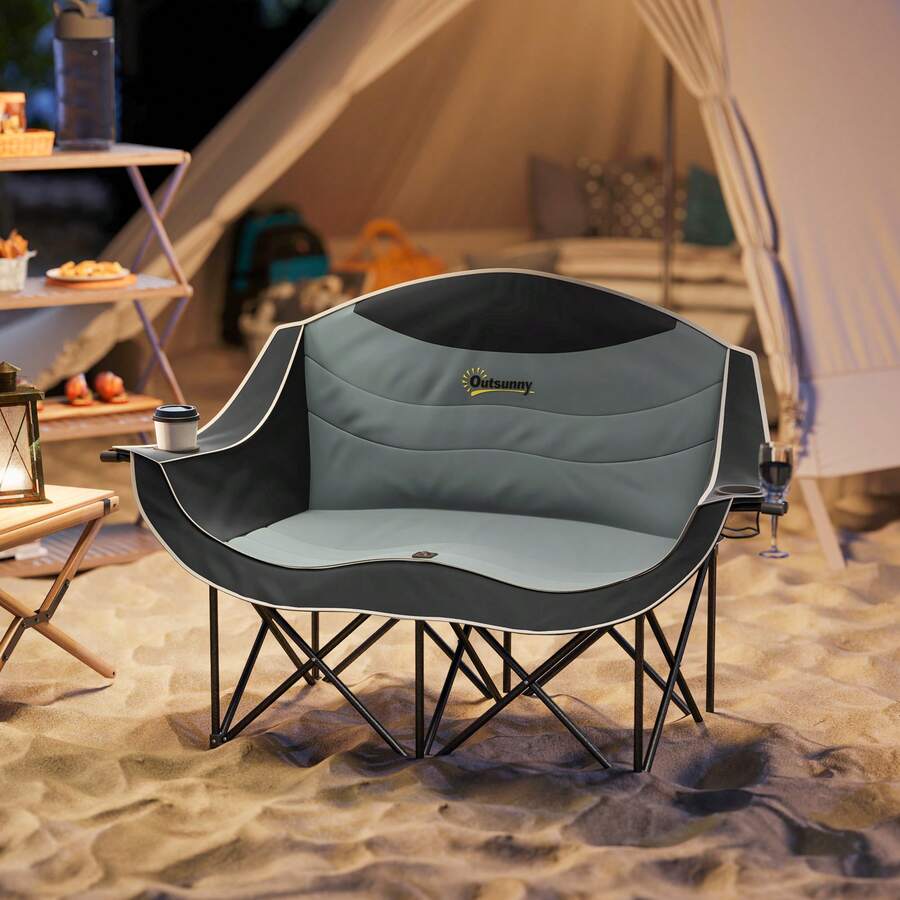 Outsunny Double Camping Chair, Portable Camp Chair With Cup Holder, Wine Glass Holder And Carry Bag, Padded Folding Loveseat For Hiking, Picnic, Beach, Support 551 Lbs, Black - Black - View 1