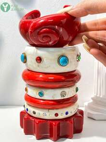 Brazalete de resina delgado vintage rojo y blanco con incrustaciones de turquesa y diamantes de imitación multicolor, pulsera ancha apilable con forma asimétrica tallada vintage, accesorio de muñeca llamativo, adecuado para fiestas, vacaciones y uso diario de mujeres - Multicolor - Ver 1
