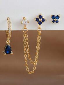 3pcs/Set, Single Ear Wear, 18K Gold Plated Copper Hoop Earrings And Stainless Steel Stud Earrings, Sparkling Butterfly Zirconia Flower Earrings, Women's Cartilage/Helix/Tragus Double Hole Chain Piercing Earrings, Girls Gift Jewelry - 3pcs Earrings Set - View 6