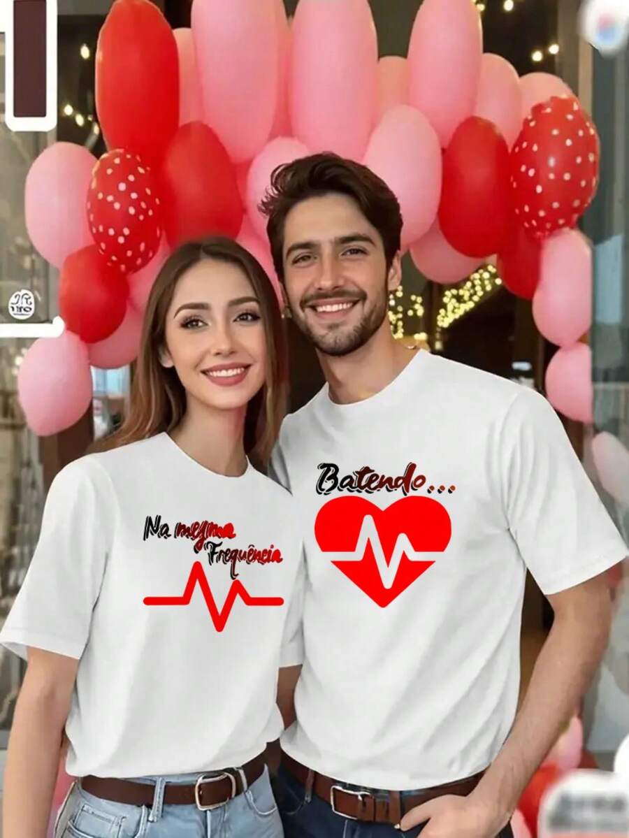 Conjunto para Parejas con Nuevo Diseño Estampado de Latidos y Frecuencia Cardíaca, Camiseta Casual de Cuello Redondo y Manga Corta para Primavera y Verano, Vendida Individualmente, Perfecta como Regalo para las Fiestas - 1 unidad - Blanco para hombre - Ver 1