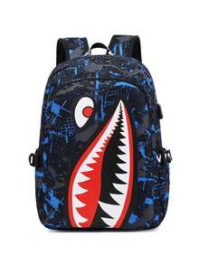 Shark Mouth Print Backpack With USB Charging Port, Large Capacity Laptop Bag For Gen Z Students, Back To School Campus Essential, Street Style, Trip - Multicolor - View 15