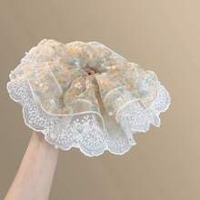 1pc Mint Summer~Summer Mesh Double Layer Lace Pearl Scrunchie Women's Ethereal Floral Travel Hair Accessory Ponytail Hair Ties Elastics Rubber Bands - Multicolor - View 4