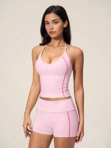 TimeOff Women's One Set Solid Color Adjustable Strap Camisole Tank Top & Wide Leg Mid-Length Shorts Sports Set - Pink - View 6