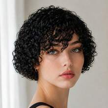 Human Hair Wig Curly Wig Black Short Hair Wig Water Wave Wig Pixie Cut Wig Women's Wigs With Bangs 6 Inches Elastic Mesh Cap Suitable For All People - Natural Black - View 3