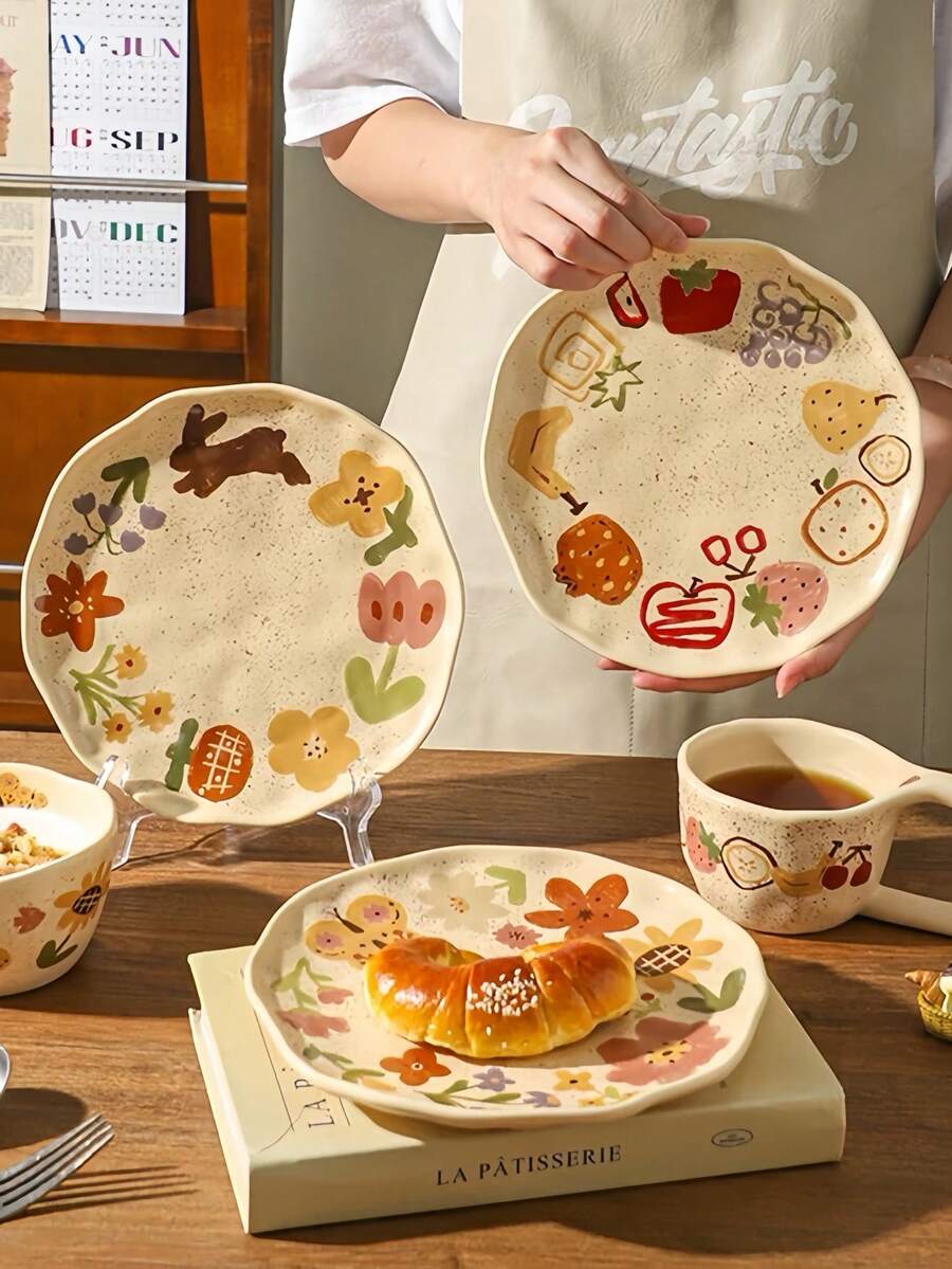 Hand-Painted Fruit Doodle 8.5 Inch Ceramic Plate, Hand-Painted Underglaze Craft, Asymmetrical Hand-Molded Plate, Salad Plate, Pasta Plate, Dessert Plate, Multi-Purpose Serving Tray, Suitable For Daily Use And Gifting. - Multicolor - View 1