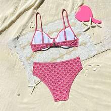 Textured Dot Underwire Bikini Set, New Arrival Beach Vacation Swimwear, Spaghetti Strap & High Cut Bottom, Gift Ready - Rose Red-1 - View 3