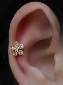 1pc Copper Cartilage Ear Stud With Tiny CZ Zirconia, 18K Gold Plated, Hypoallergenic Crystal Flower, Flat Back, Spiral Ear/Ear Cartilage/Ear Helix/Nose Stud, Piercing Jewelry 20G - A Pair Of Round  Flower Earrings - View 7