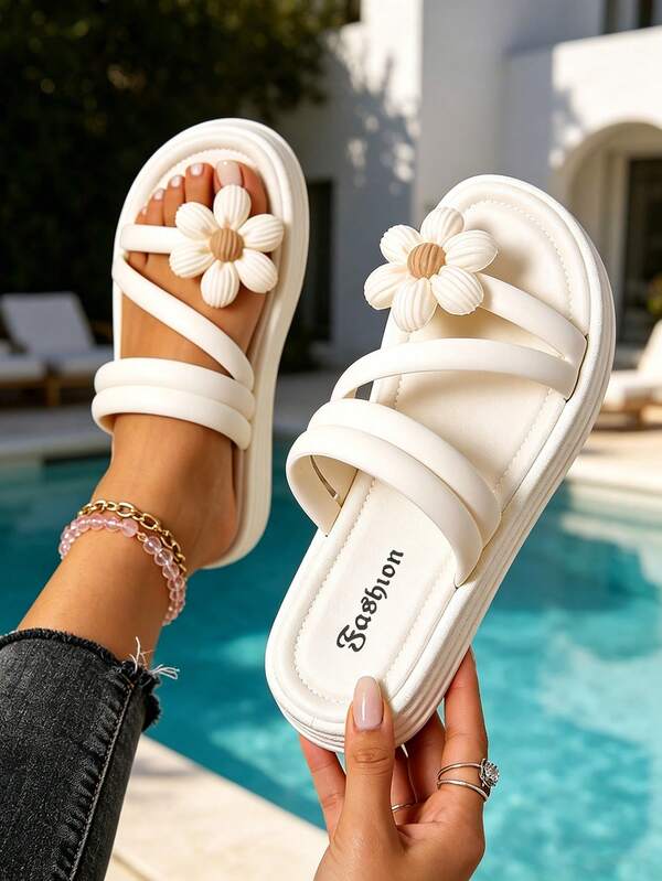 Floral Cross Strap Platform Sandals For Women, Platform Wedge Shoes, Platform Sandals, Beach Slides, Sandals, Platform Shoes, Soft And Comfortable, Women's Slippers, Women's Summer Sandals, Platform, Sandals, Summer, Women's Sandals, White Sandals, Casual Girls' Slippers, Beach Slides, Women's Summer Shoes