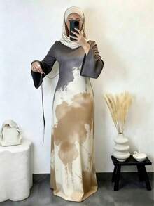Women's Elegant Flowing Arabic Robe, Ombre Print, Flared Sleeves, Round Neck Knit Long Kaftan Robe - Khaki - View 1