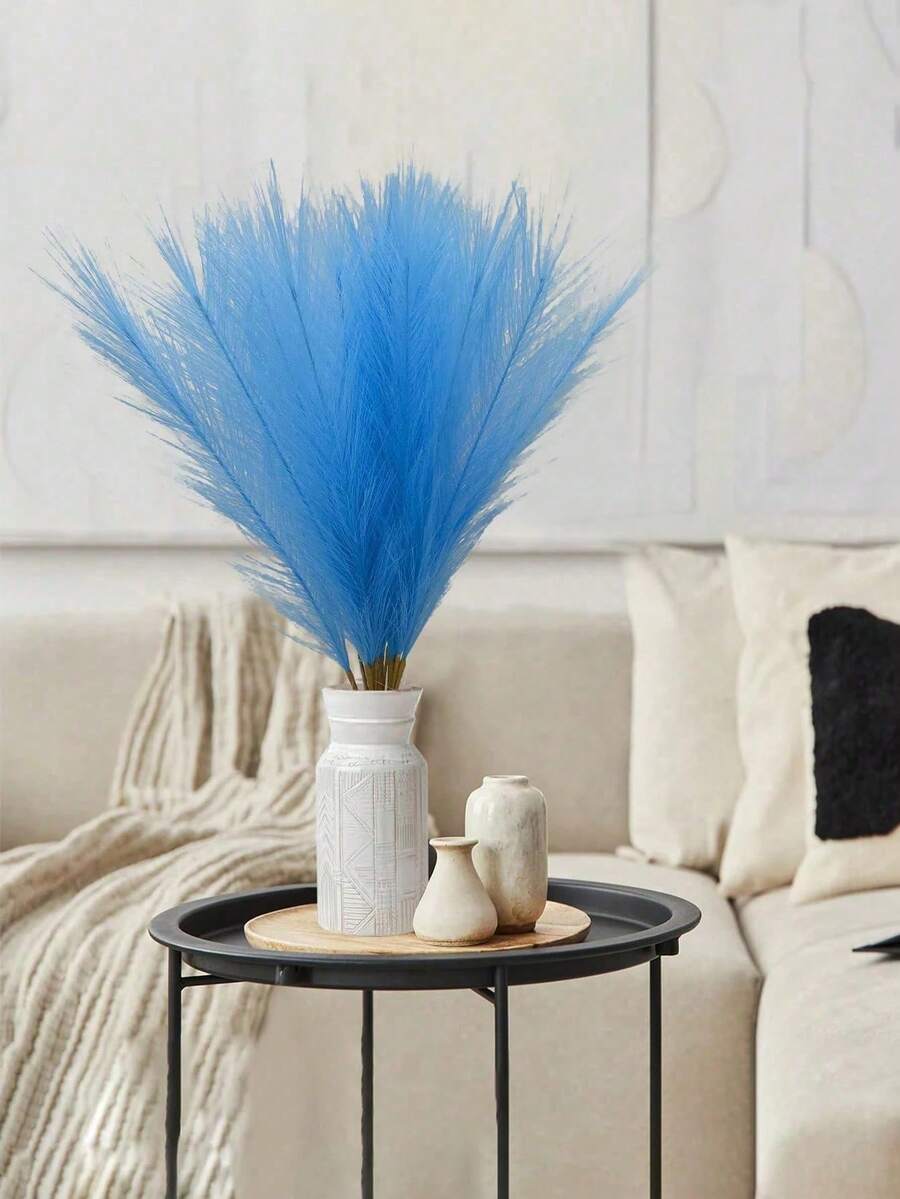 100pcs Bohemian Style Artificial Reed Grass Decorative Flowers, Tall Fluffy Faux Flowers, Suitable For Vase Filler, Farmhouse Style Home Kitchen Decor, Room Decor, Wedding Party Decoration (Blue) - Royal Blue - View 1