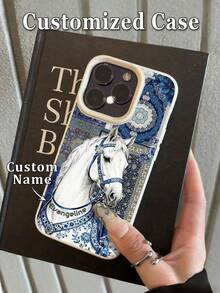 1pc DIY Personalized Name Vintage Blue And White Porcelain White Horse Pattern TPU Faux Leather Texture Phone Case Compatible With IPhone 17/17ProMax/17Air/16ProMax/16E/15/14Plus/13Pro/12/11ProMax/XsMax/ Note 10S/Note 9 4G/Note9Pro/Note 9S/Note 8/13C/12/12C/10A Shockproof Anti-Fingerprint Elegant Gorgeous High-Value, Best Gift For Friends - White - View 3