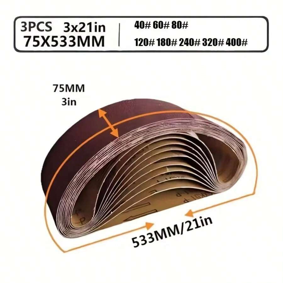 3入組砂帶套組 75 X 533 mm (3x21 英吋) 全系列 40/60/80/120/180/240/320/400 號，便攜式研磨工具，適用於木工與金屬拋光，耐用磨料砂帶，柔軟砂帶 - 紅色 - 查看 1