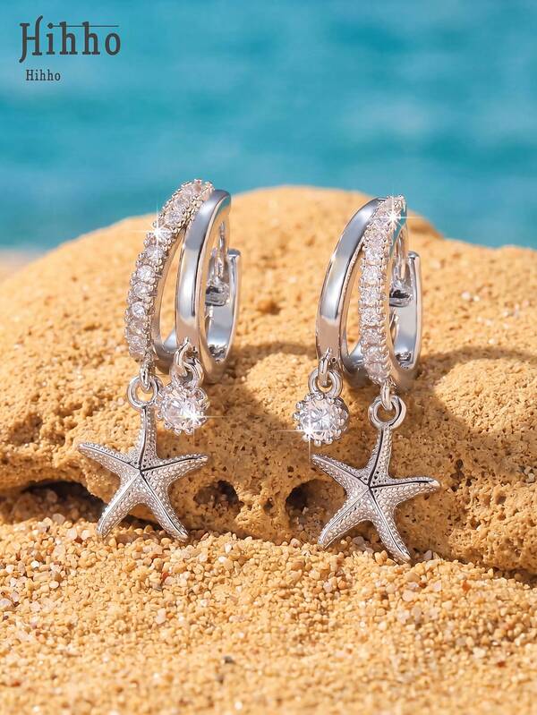 Hihho 1 Pair Unique Creative Double Layer Full Rhinestone Hoop Dangle Starfish & Round Zirconia Earrings, Design-Driven Fashion Versatile Women's Jewelry, Suitable For Beach, Party, Summer Celebration