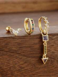 3pcs/Set Pendientes de acero inoxidable chapados en oro de 18K con forma de gota de agua triangular y circonita cúbica, regalo de joyería de moda creativa para fiestas de mujeres - Juego de pendientes de 3 piezas. - Ver 5