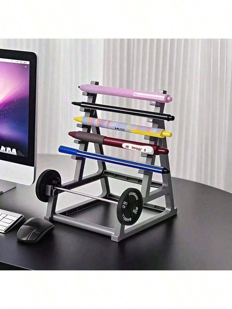 Mini Gym Squat Rack Pen Holder, Realistic Barbell Plate Design Desktop Storage Pen Holder, Multi-Layer Stationery Organizer, Fun Fitness Theme Pen Holder, Birthday Gift, Creative Gift, Decoration, Holiday Gift, Halloween Gift - Multicolor - View 1