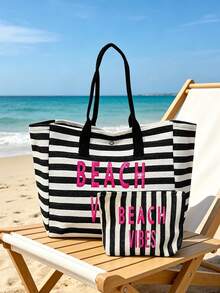 Vintage Hawaiian Tropical Print Striped Beach Tote Bag Set, Large Capacity Summer Vacation Tote Bag With Matching Small Pouch, Suitable For Tropical Cruise Theme Shoulder Bag, Ideal For Beach Travel, Shopping, Cruise Holidays, Beach Days, Teacher's Day Gift, Back To School Season, Independence Day As Beach Bag, Shopping Bag And Travel Companion, Women's Best Travel Partner - Multicolor - View 8