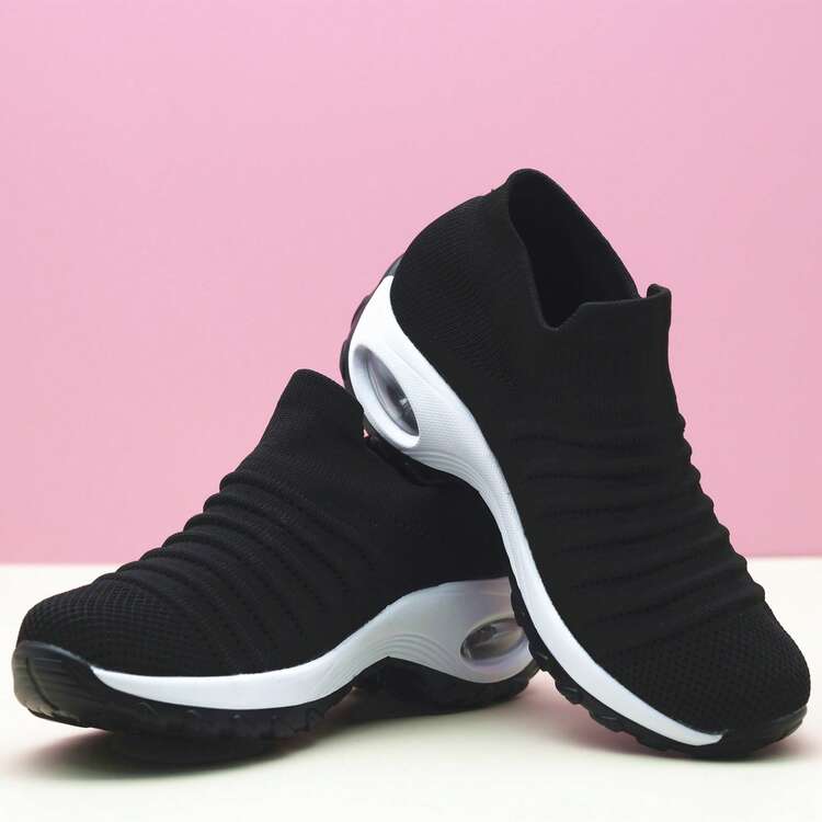 Cross-Border Women's Classic Black Sports Casual Shoes, Slip-On Slouchy Shoes, Rocking Shoes, Dance Shoes, Knitted Air Cushion Shoes - Stq2089 , White Base, Black Exterior - View 3