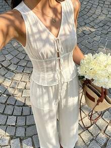 Conjunto de dos piezas de verano elegante y suave para mujer, pantalones de pierna ancha casual, conjunto de dos piezas minimalista holgado para vacaciones y uso diario en color blanco - Blanco - Ver 2