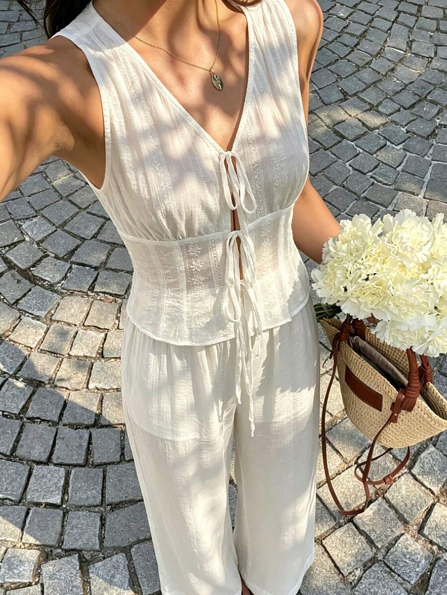 Conjunto de dos piezas de verano elegante y suave para mujer, pantalones de pierna ancha casual, conjunto de dos piezas minimalista holgado para vacaciones y uso diario en color blanco